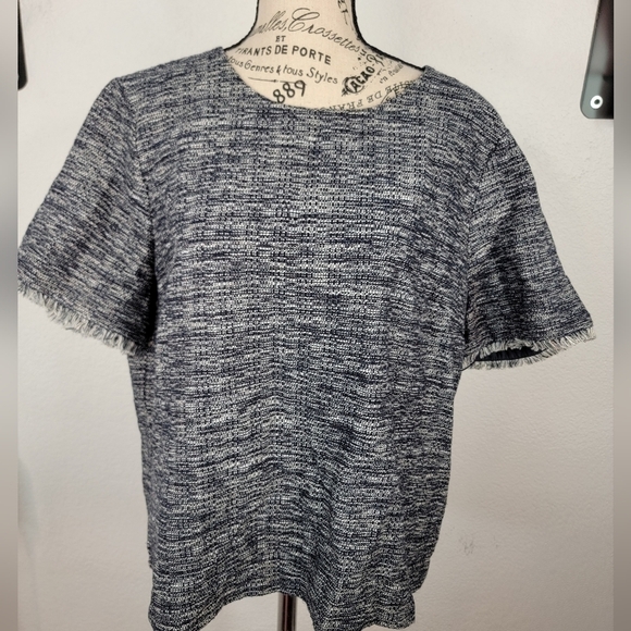 J. Crew Tops - J Crew Tweed Top XL Blue White Short Fray Sleeves AD373